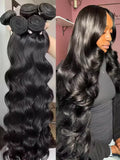Hair extensions shown in two views: a close-up of the product and a person wearing the hair extensions.
