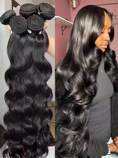 Hair extensions shown in two views: a close-up of the product and a person wearing the hair extensions.